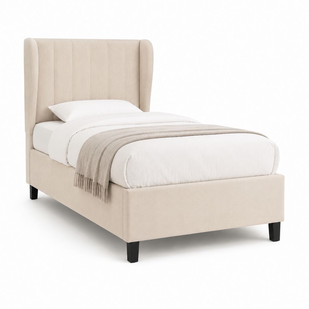 Letto singolo imbottito beige in poliestere con testiera alta 90x190 cm dimensioni esterne 105x205x135 cm