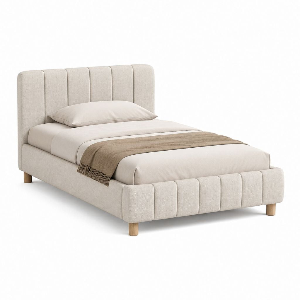 Letto singolo imbottito beige in poliestere rettangolare per materasso 90 x 200 cm 105 x 215 x 115 cm