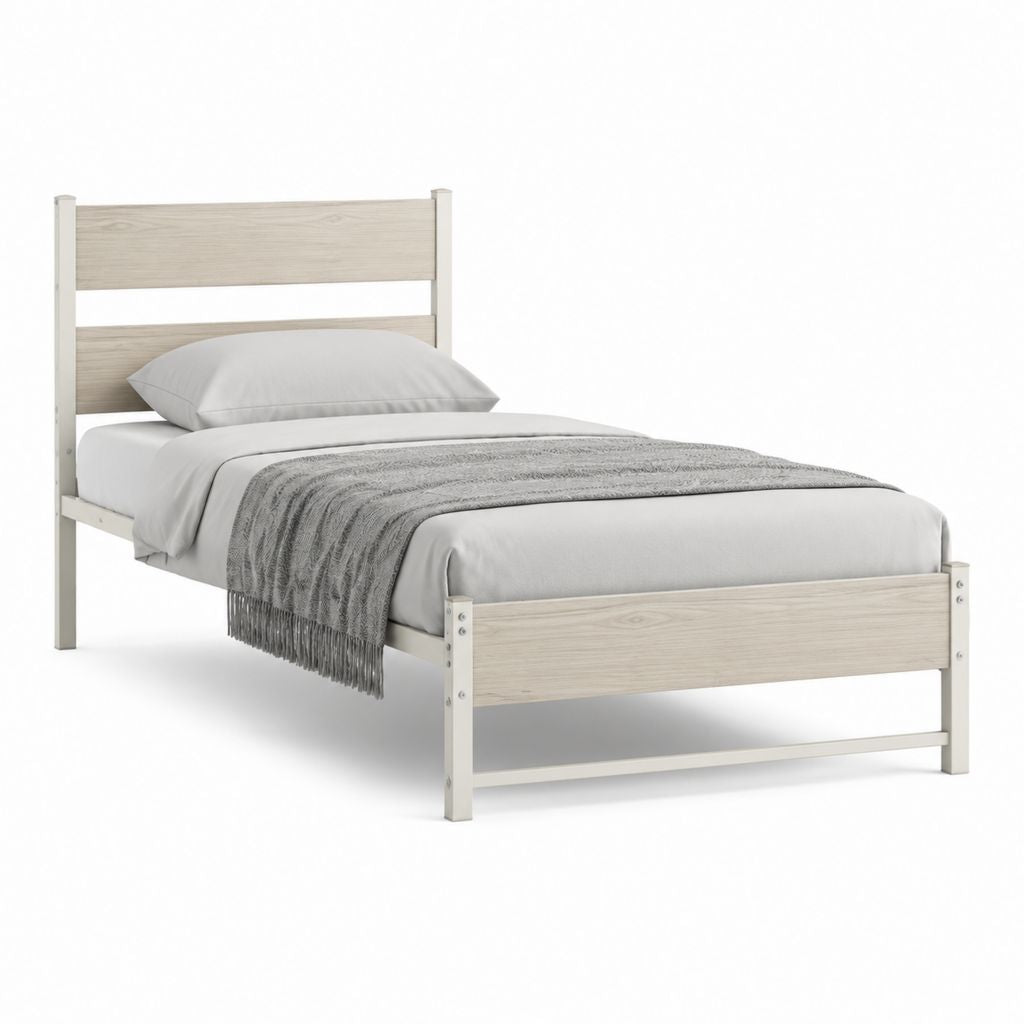 Letto singolo con struttura in pino massello bianco e pannelli MDF rovere chiaro 90 x 190 cm
