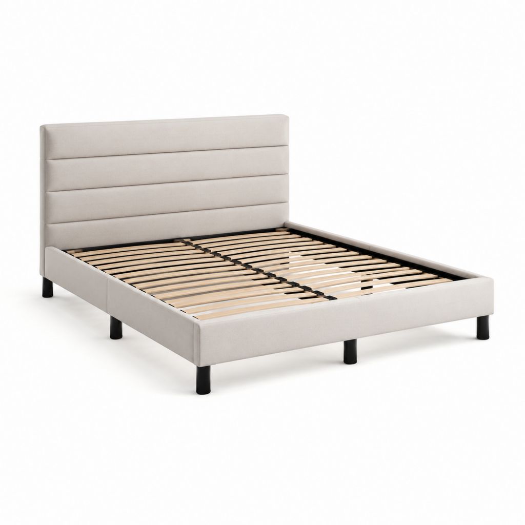 Letto matrimoniale imbottito beige in poliestere con testiera e rete a doghe 160 x 200 cm