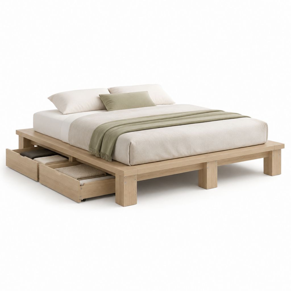 Letto matrimoniale con 2 cassetti contenitore rovere chiaro in legno massello rettangolare 160 x 200 cm