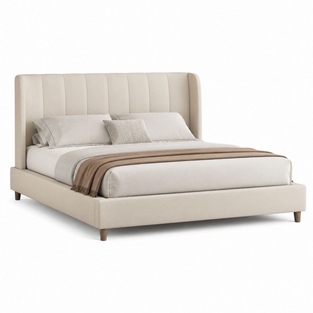 Letto matrimoniale imbottito beige in poliestere con testiera alta 160 x 200 cm