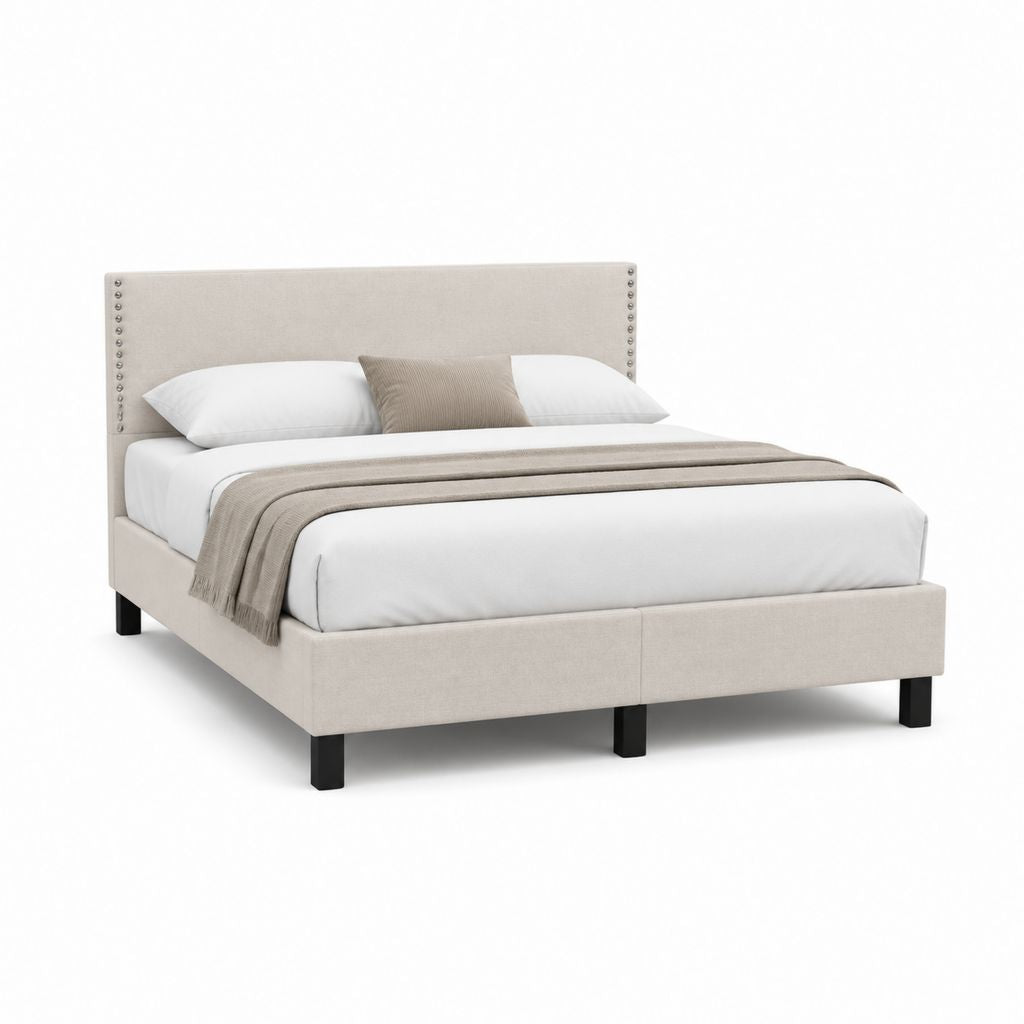 Letto matrimoniale imbottito beige in poliestere con testiera rettangolare 160 x 200 cm