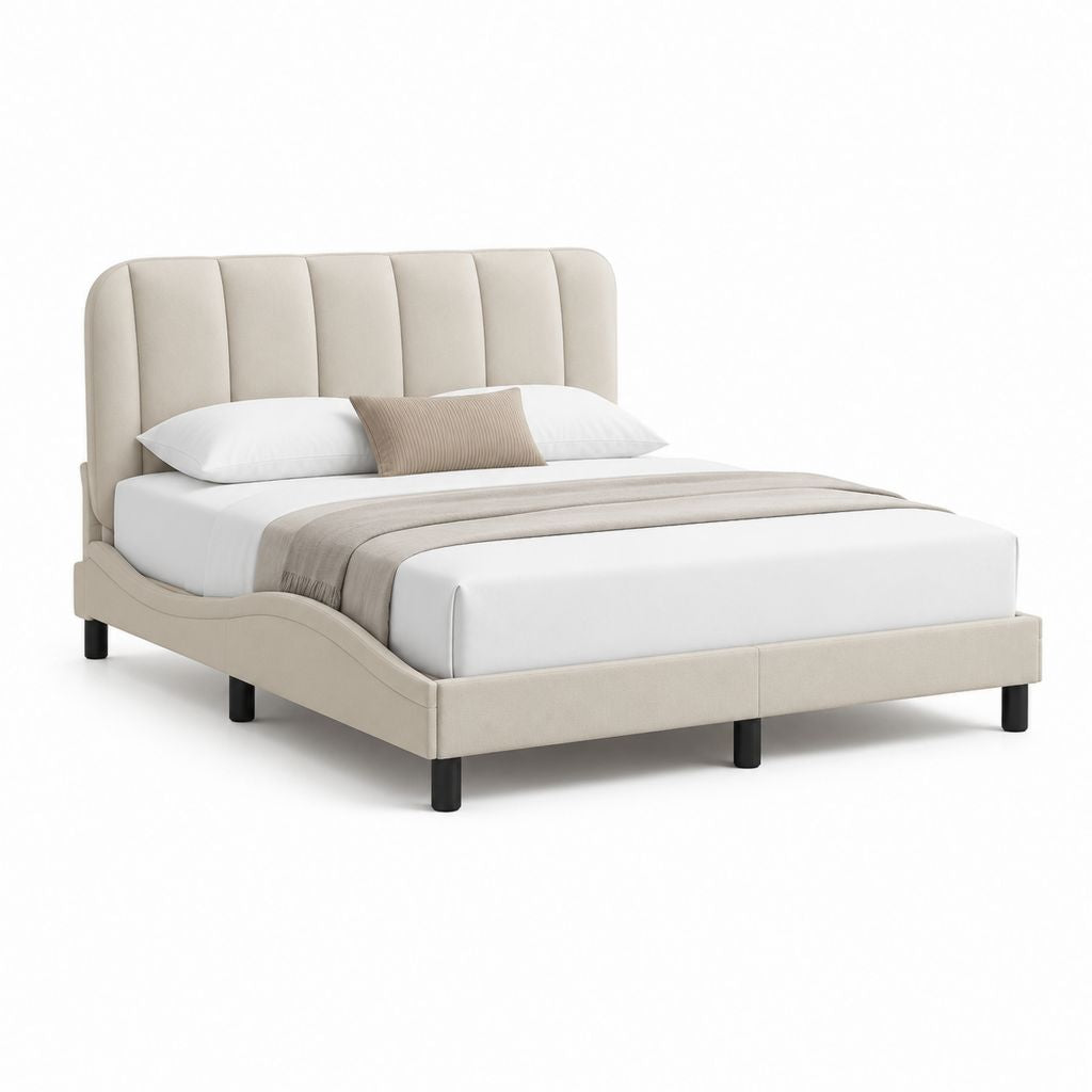 Letto matrimoniale imbottito beige in poliestere con testiera arrotondata 160 x 200 cm