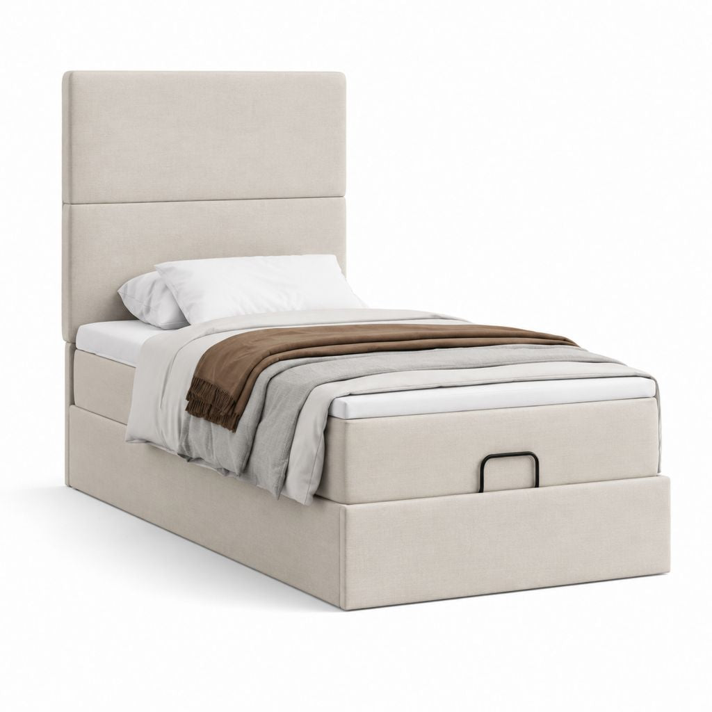 Letto singolo con contenitore beige rivestito in poliestere rettangolare 90 x 200 cm