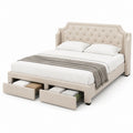 Letto matrimoniale contenitore beige in poliestere 160 x 200 cm con testiera capitonné e 2 cassetti