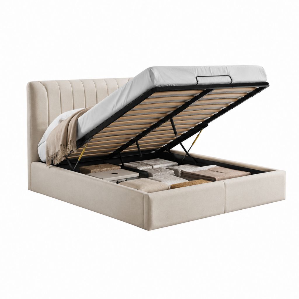 Letto contenitore matrimoniale beige in velluto di poliestere con rete sollevabile 160 x 200 cm