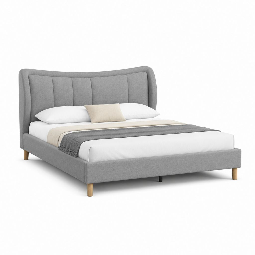 Letto matrimoniale imbottito grigio in poliestere con testiera curva 160 x 200 cm
