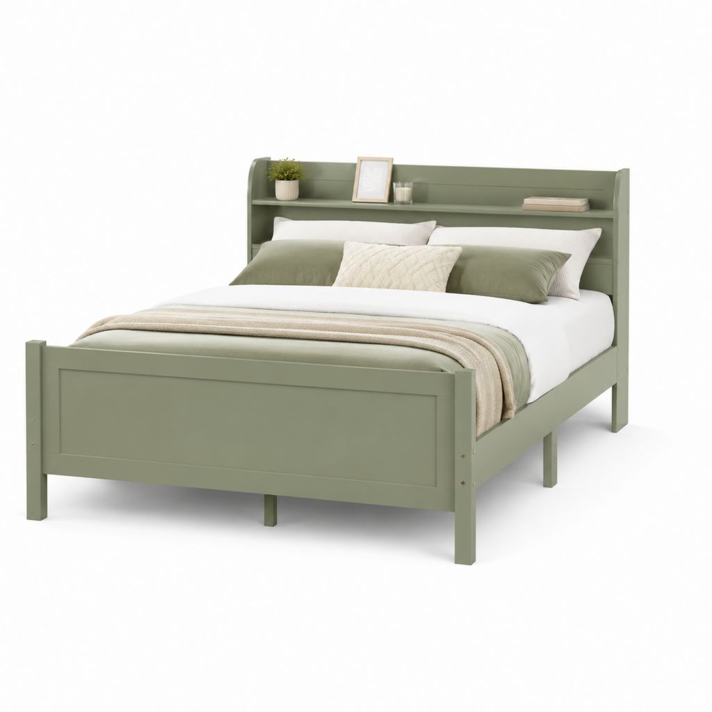 Letto matrimoniale verde salvia in legno massello di pino rettangolare 168 x 214 x 120 cm con testiera a mensola