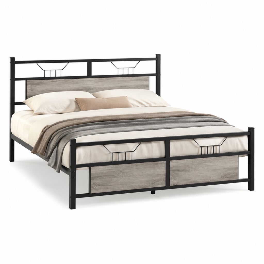 Letto matrimoniale con struttura in acciaio nero e pannelli in MDF effetto rovere grigio 160 x 200 cm