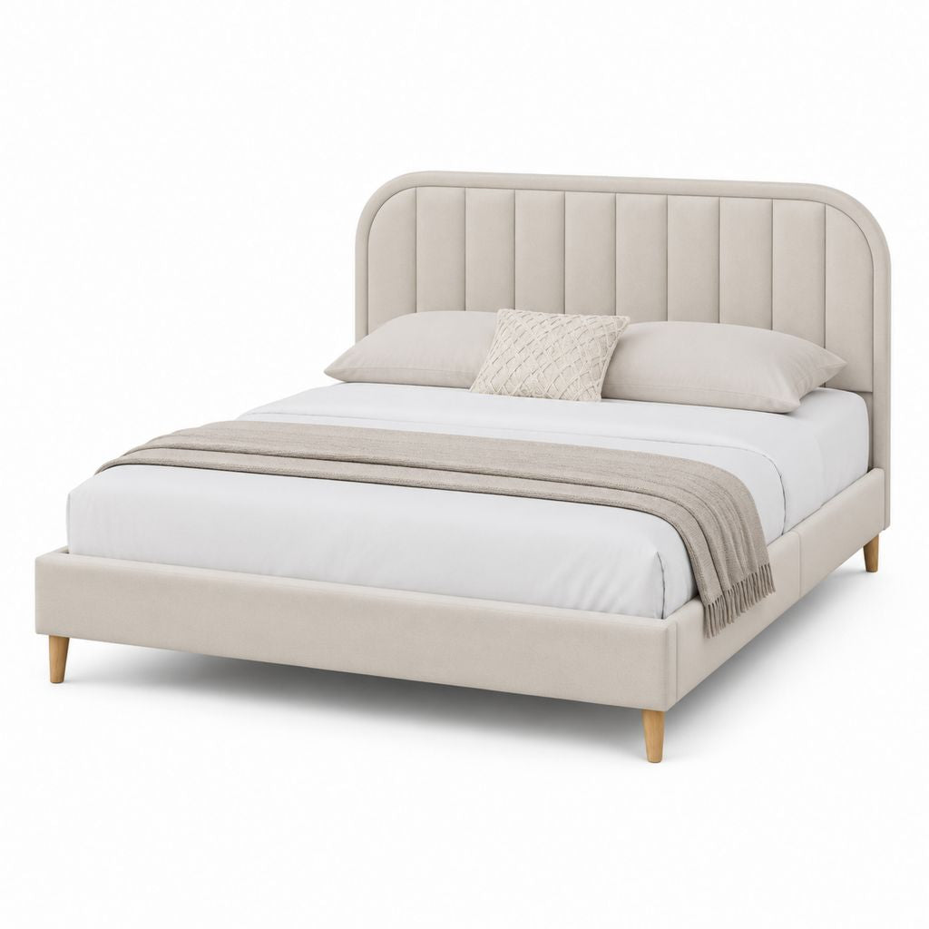 Letto matrimoniale beige in poliestere con testiera imbottita 160 x 200 cm