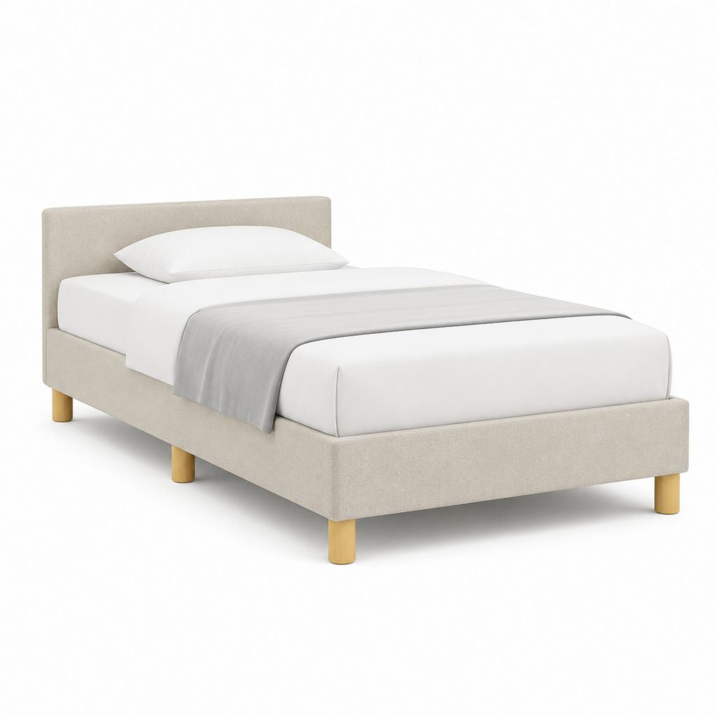 Letto singolo imbottito beige in poliestere 100% con testiera 90 x 190 cm