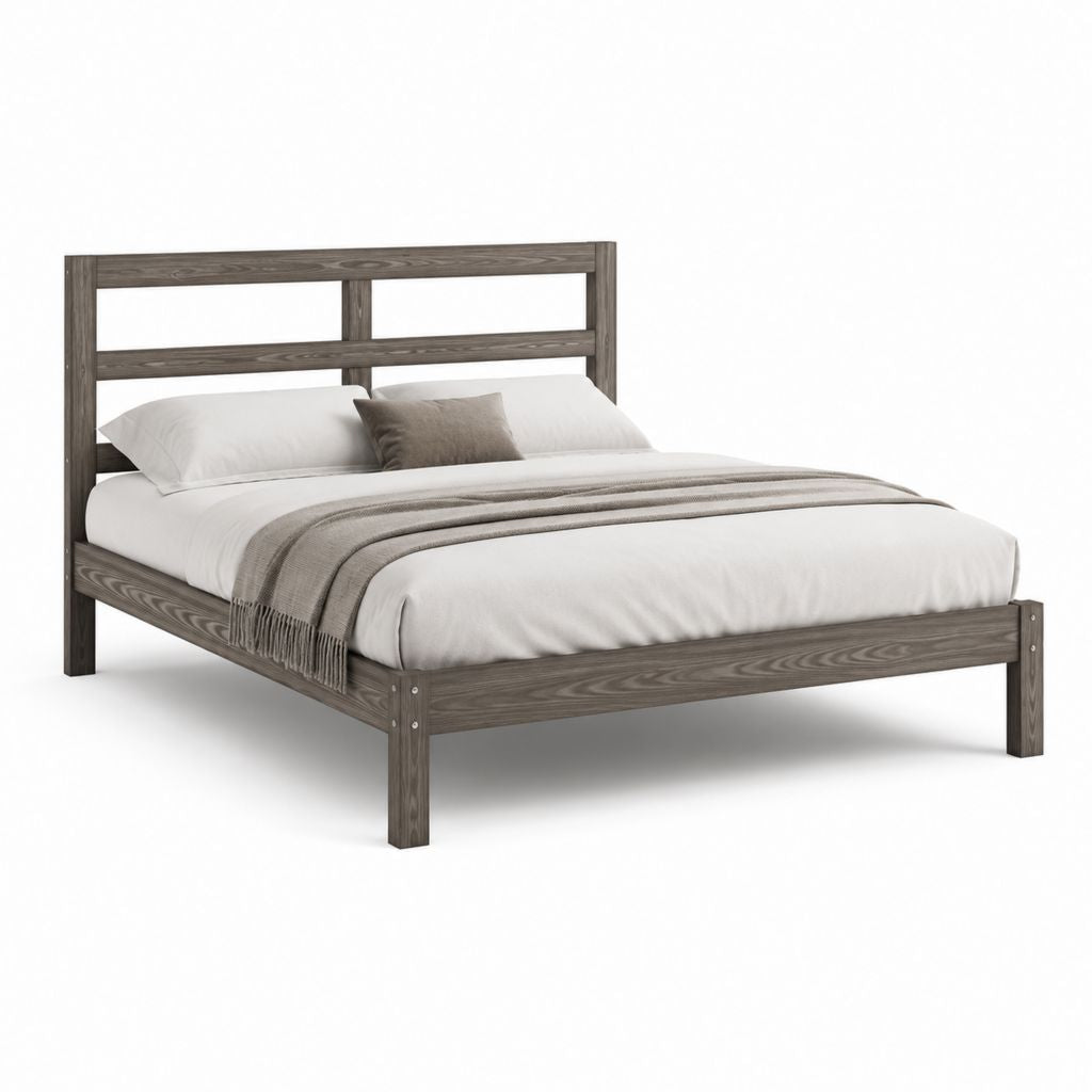 Letto matrimoniale con testiera marrone grigio in legno massello di gomma rettangolare 160 x 200 cm