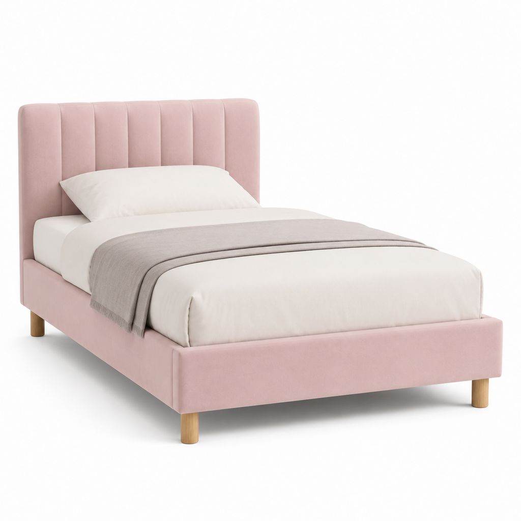 Letto singolo con struttura rosa cipria in velluto di poliestere 90 x 190 cm