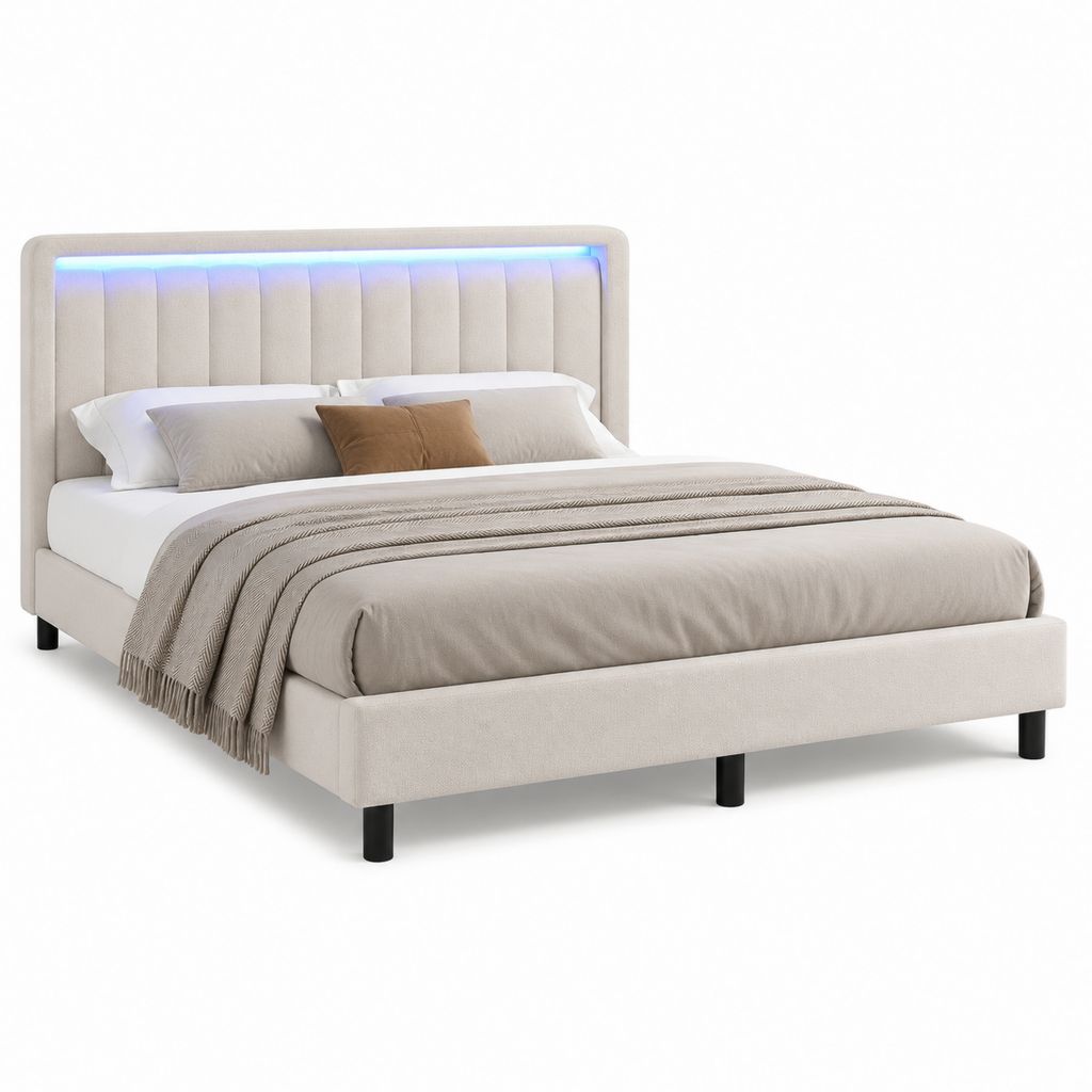 Letto matrimoniale con LED beige in MDF e poliestere 160 x 200 cm