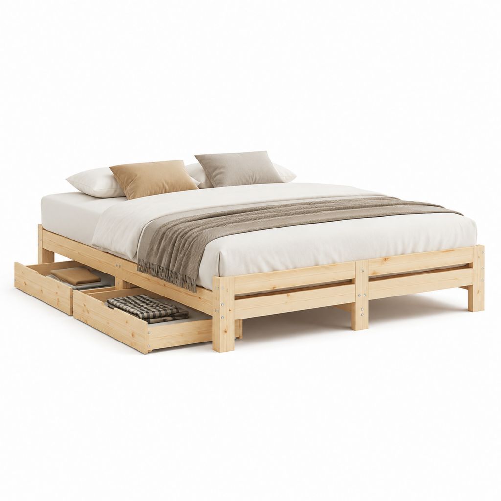 Letto matrimoniale con 2 cassetti estraibili in pino massello naturale rettangolare 160 x 200 cm