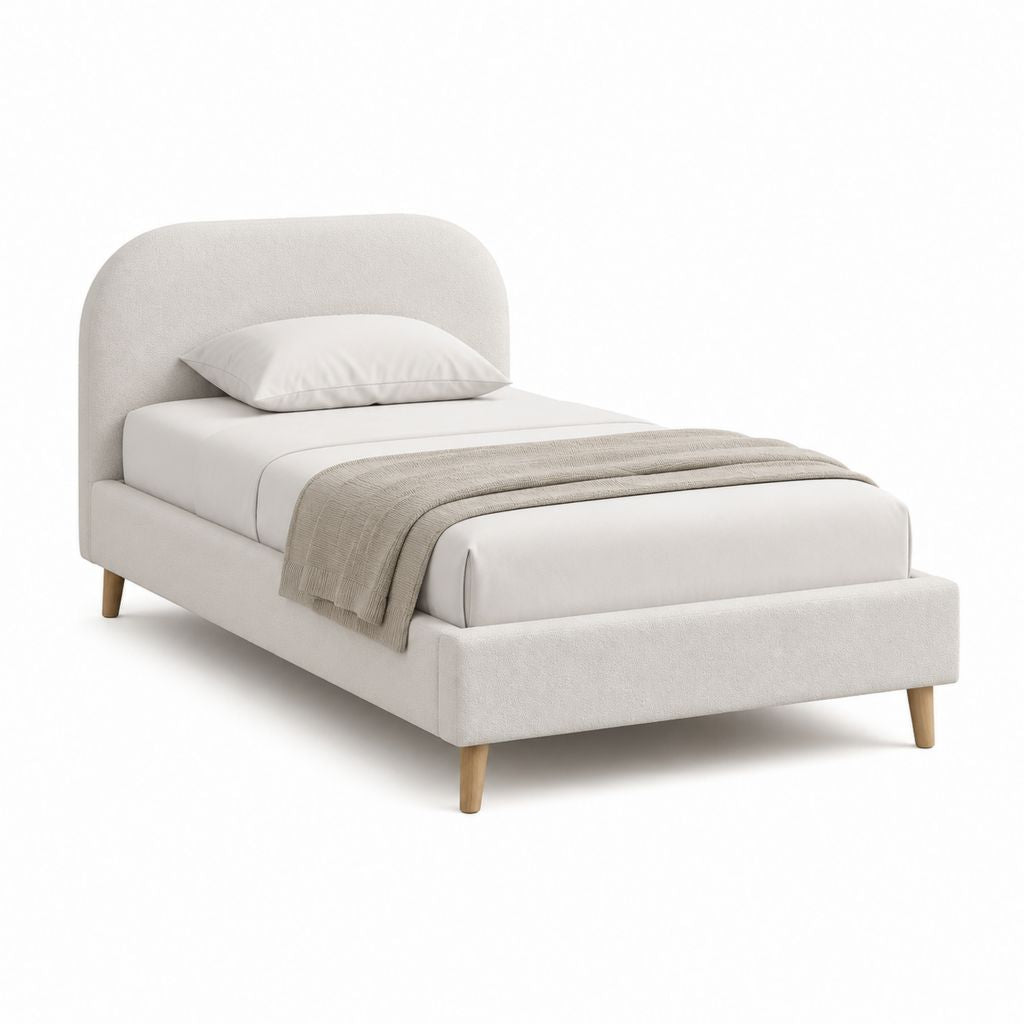 Letto singolo imbottito beige in poliestere con testiera arrotondata 90 x 200 cm