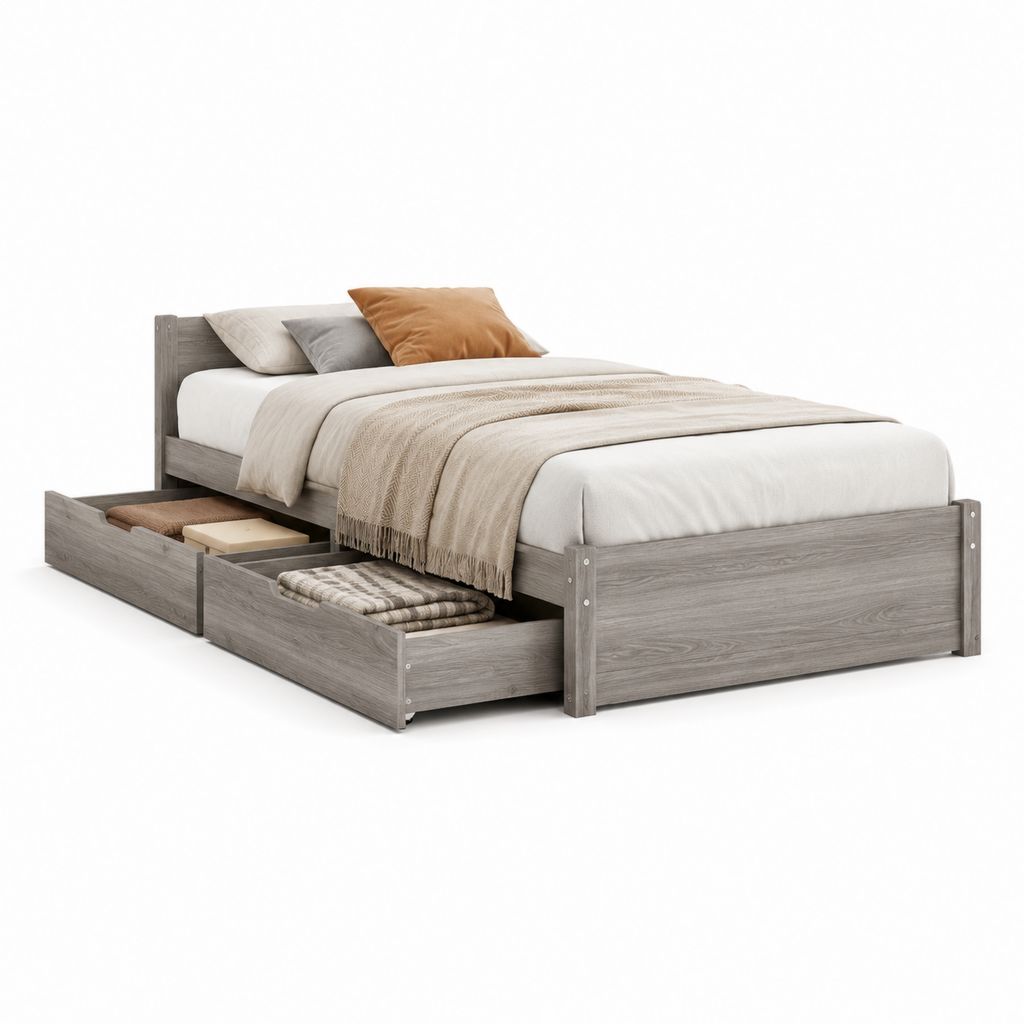 Letto matrimoniale con 2 cassetti grigio rovere in pannello truciolare 160 x 200 cm