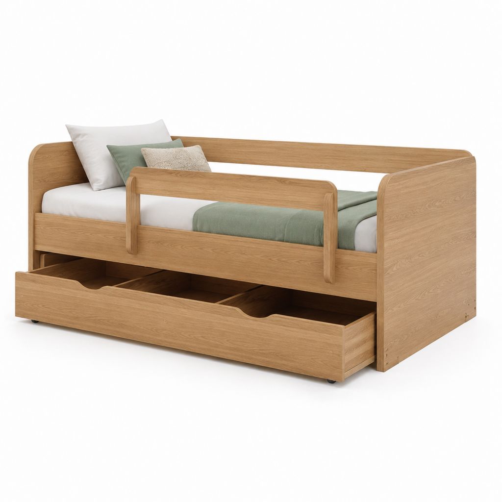 Letto singolo per bambini in rovere naturale con sponde e cassetto estraibile 90 x 200 cm